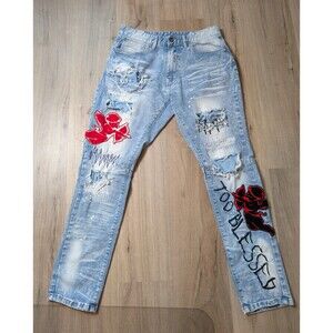 Rare Smoke Rise Designer Jeans Size 32x32 Too Blessed Distressed Ripped Patches